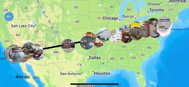 Map showing a travel route across the United States with images of landmarks and cities along the path.