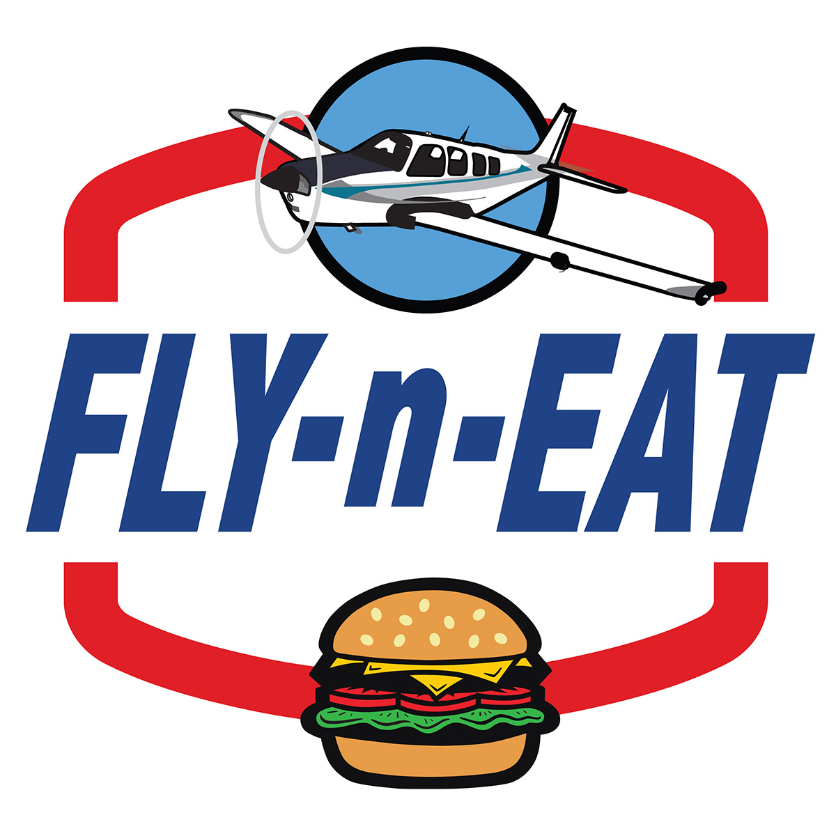 Logo with airplane, burger, and red border, with text 'FLY-n-EAT' in blue.