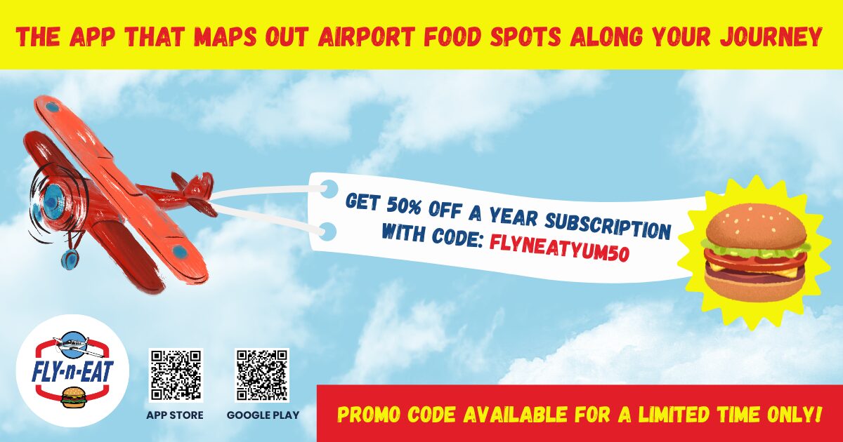 Advertisement for a travel app with airplane, burger, and discount offer text on a blue sky background.