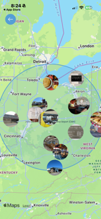 Map showing locations around Detroit, Michigan, with circular images of various scenes and landmarks.