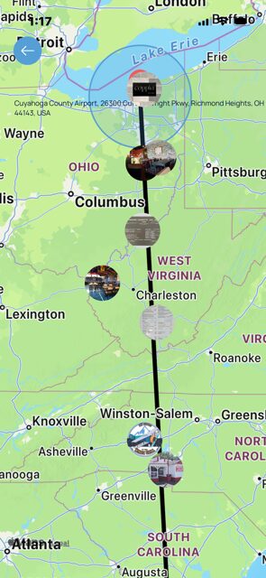 Vertical map showing a route from Atlanta to New York with images along the path.