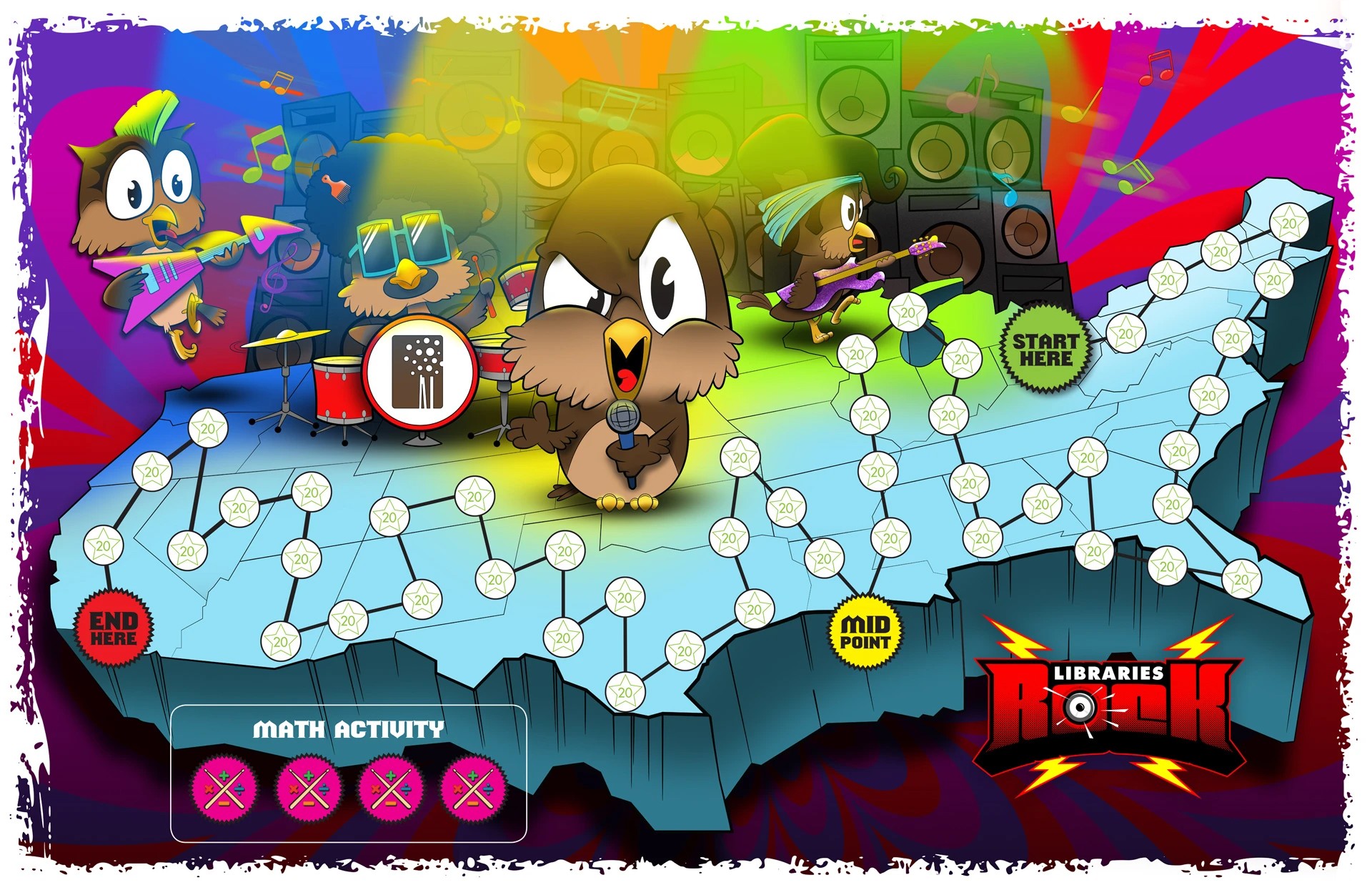 Colorful game board with cartoon characters, pathways, and various icons for activities and points.