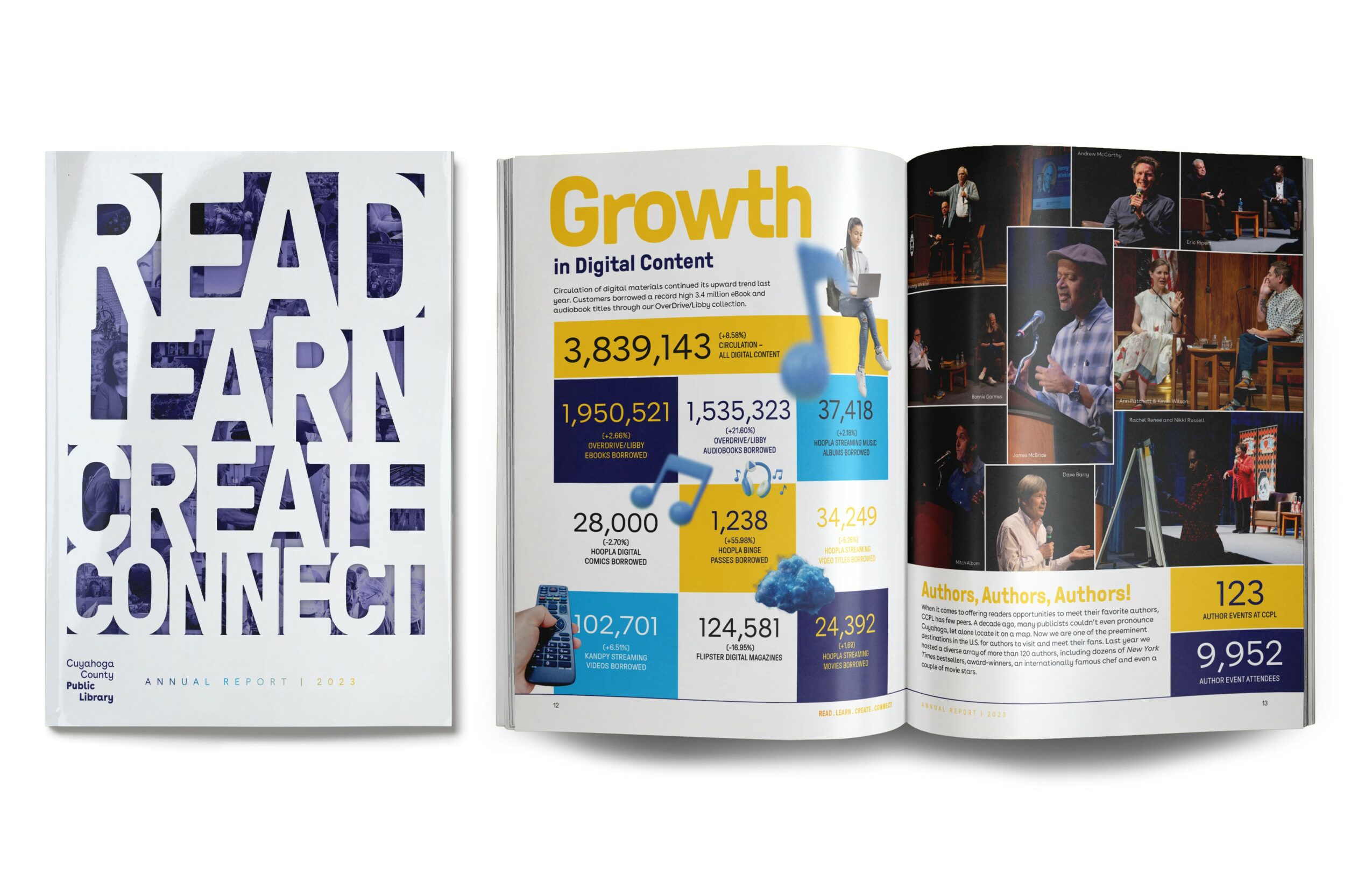 Open magazine with pages showing statistics, growth data, and photos of people performing on stage.