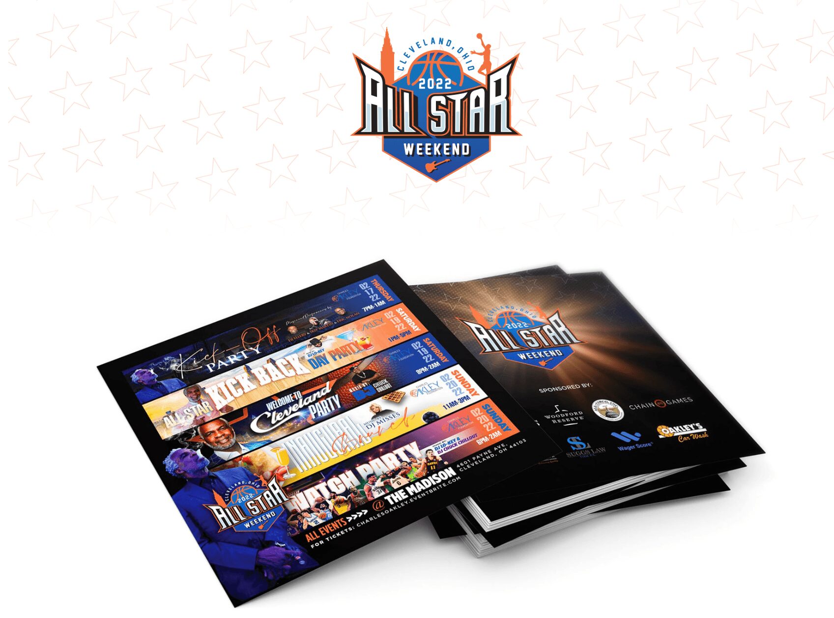 Stack of event flyers with All-Star Weekend logo, featuring sports images and text, on a white background.
