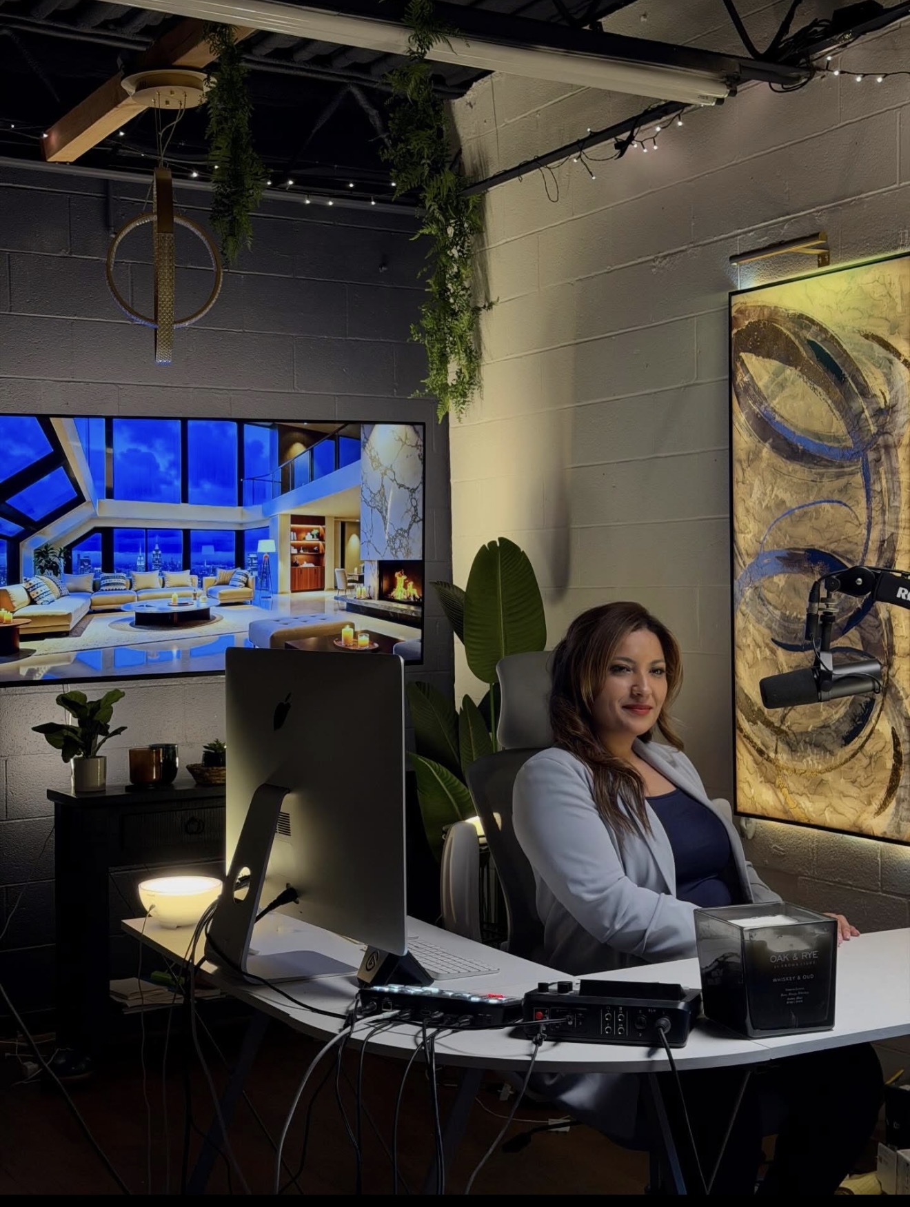 Woman sitting at a desk with computer and equipment in a modern, decorated room with artwork and plants.