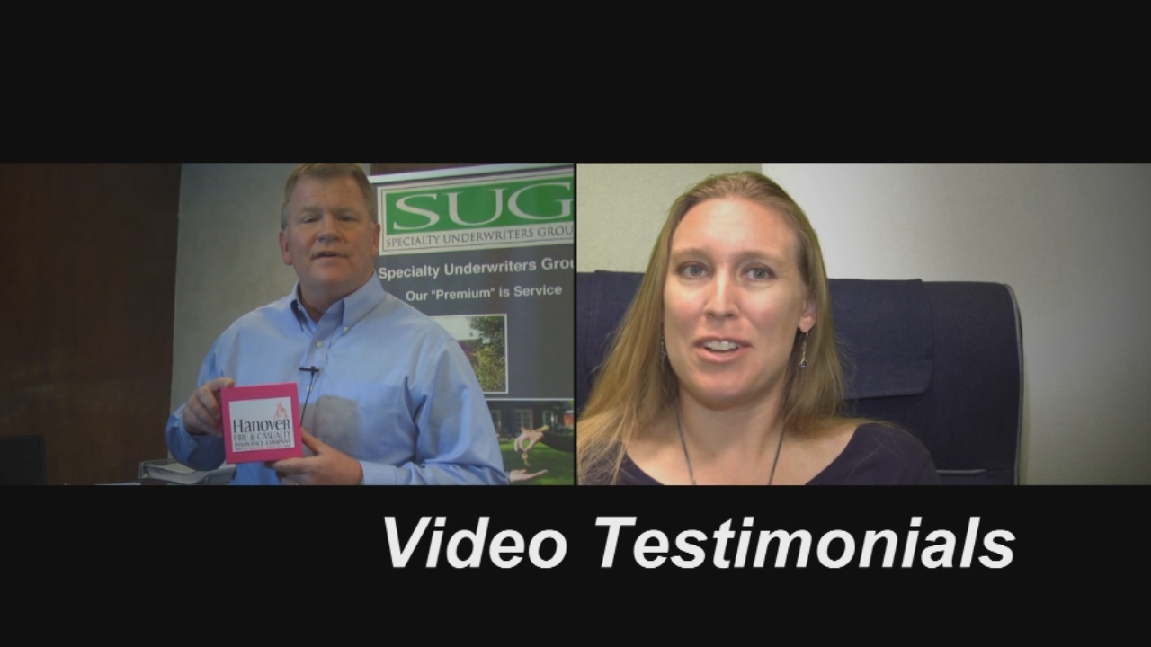 Two people speaking in separate video frames, with text 