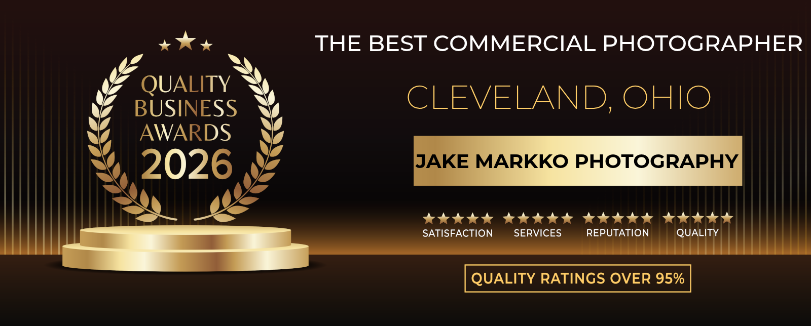 Award trophy with text about Cleveland, Ohio, photography, and quality ratings, on a dark background.