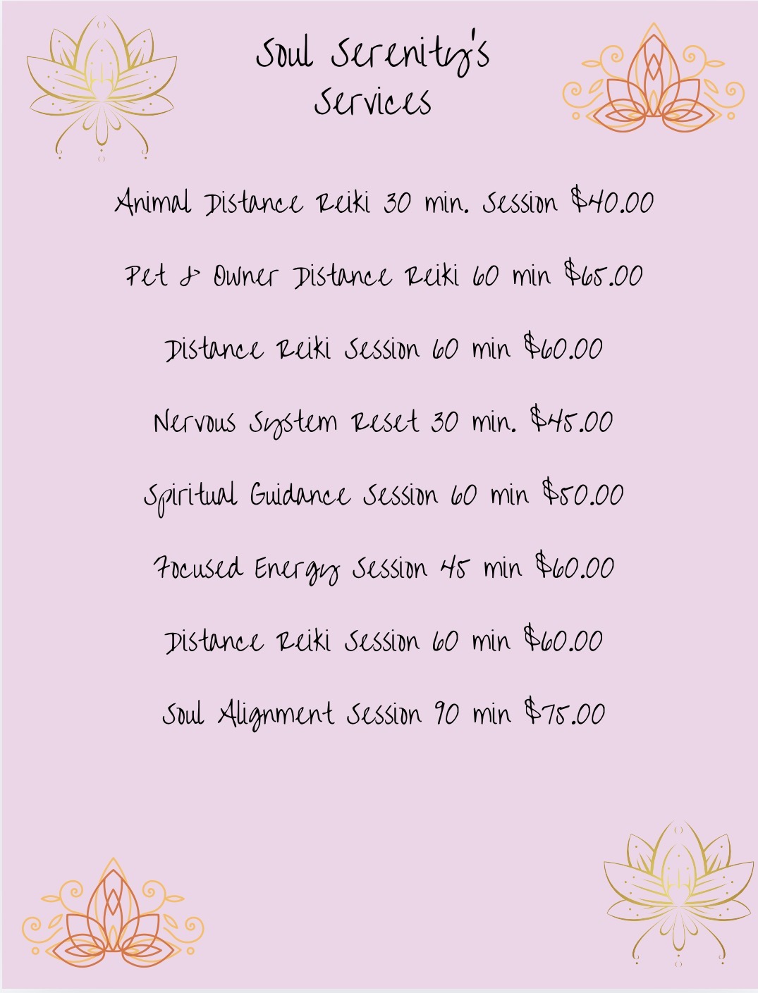 List of services with durations and prices on pink background, decorated with lotus flowers at top corners and bottom corners.