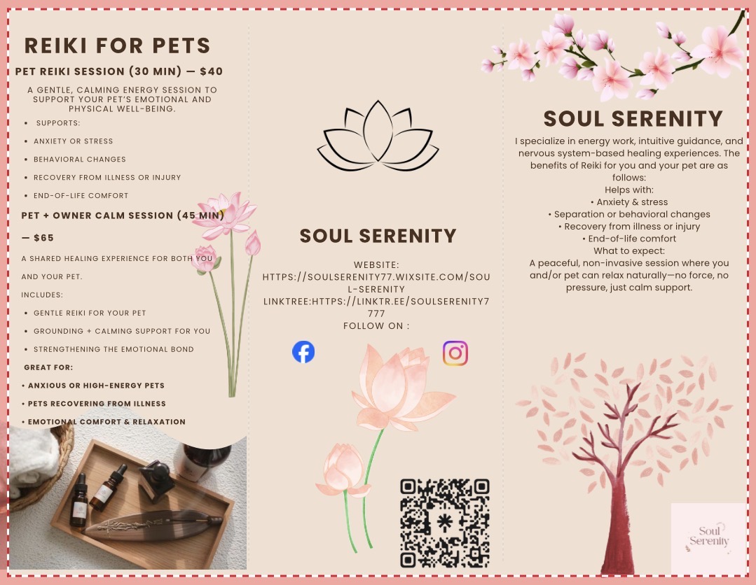 Pink and white floral design with text about Reiki for pets and soul serenity services, QR code, and social media icons.