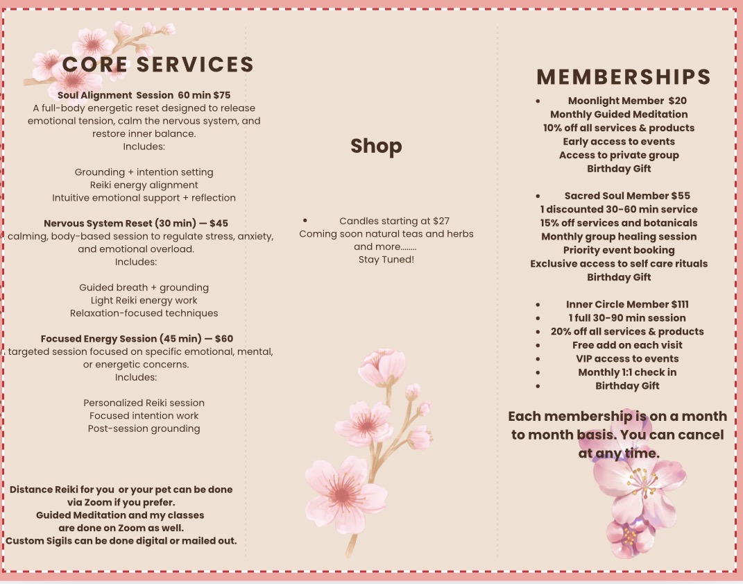 Pink cherry blossoms with text about shop, memberships, and core services on a pink background.