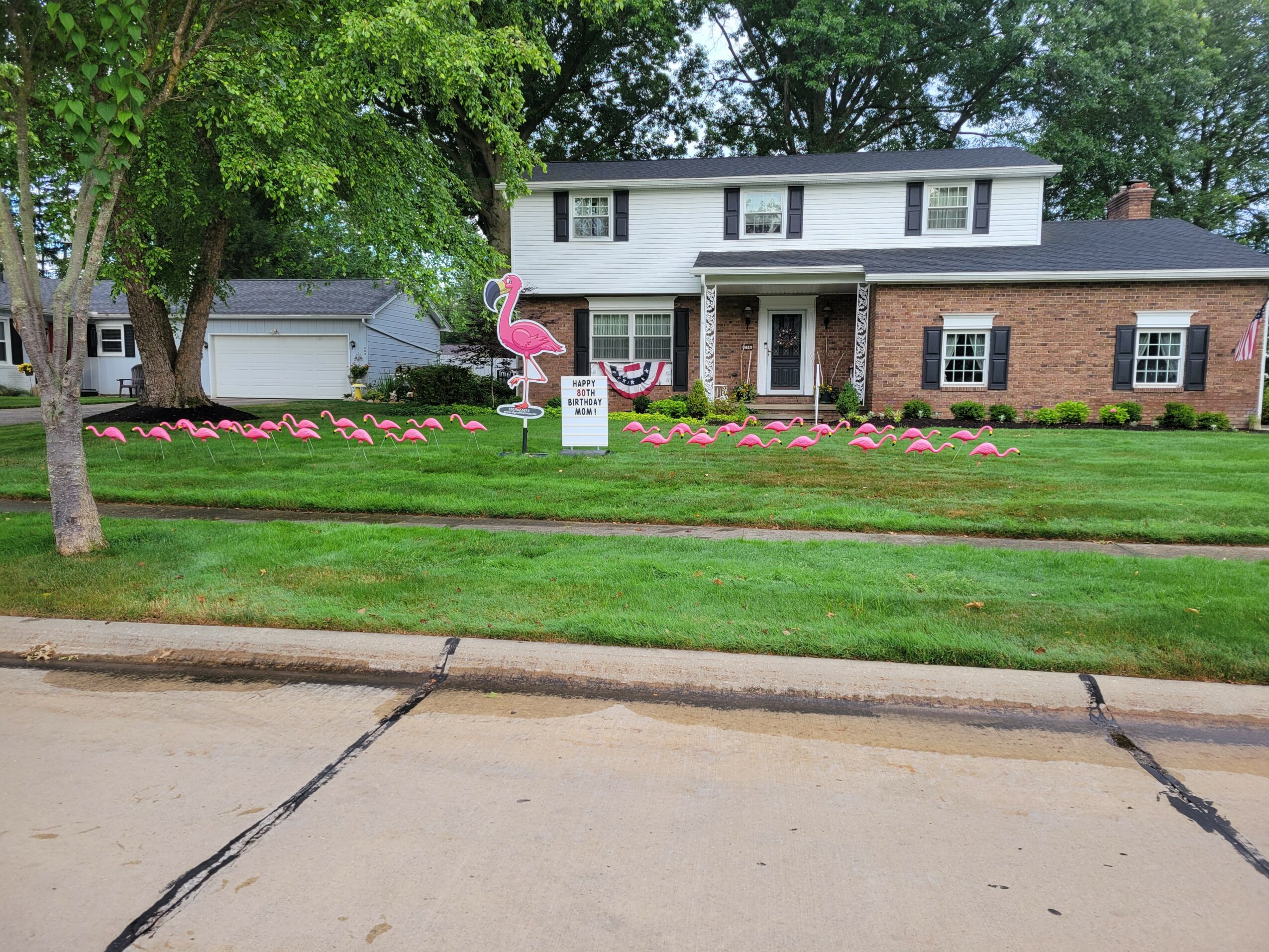Front yard with pink flamingo decorations, house with brick and white siding, green lawn, trees, and a sidewalk.
