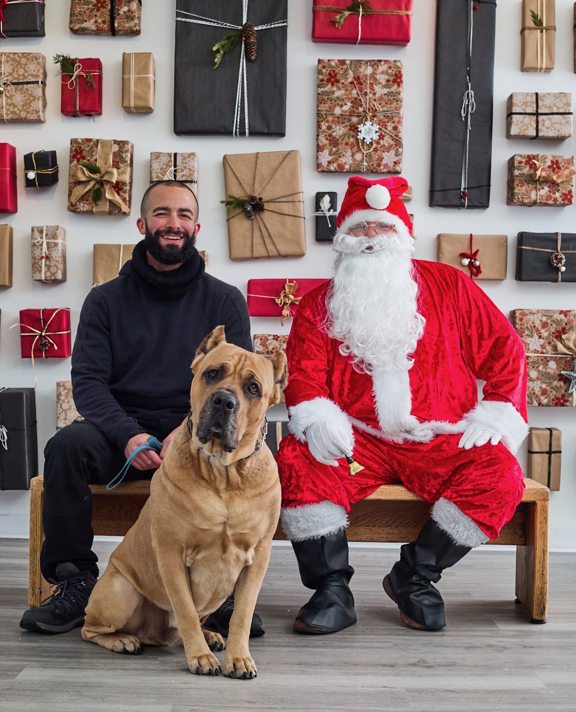 Man, Santa, and dog sitting in front of a wall decorated with wrapped gifts and ornaments.
