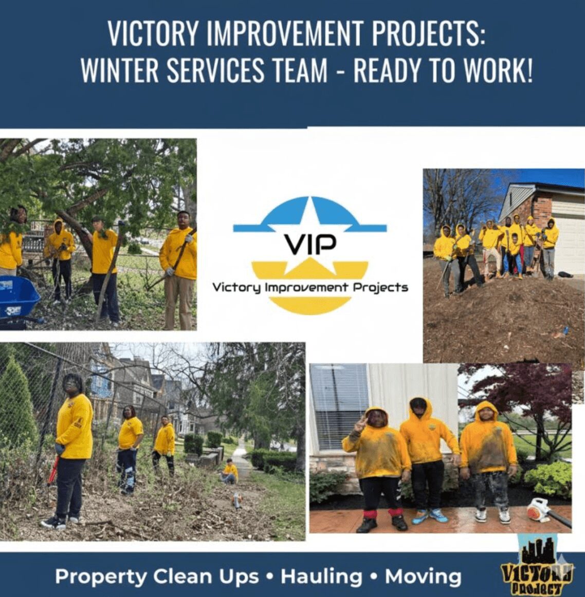 Group of people in yellow jackets working outdoors, some holding tools, with a logo in the center and text above and below.
