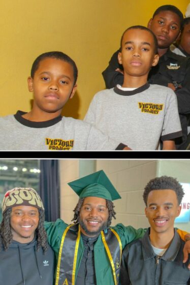 Three students and a graduate in cap and gown, smiling, standing indoors with yellow and blue backgrounds.
