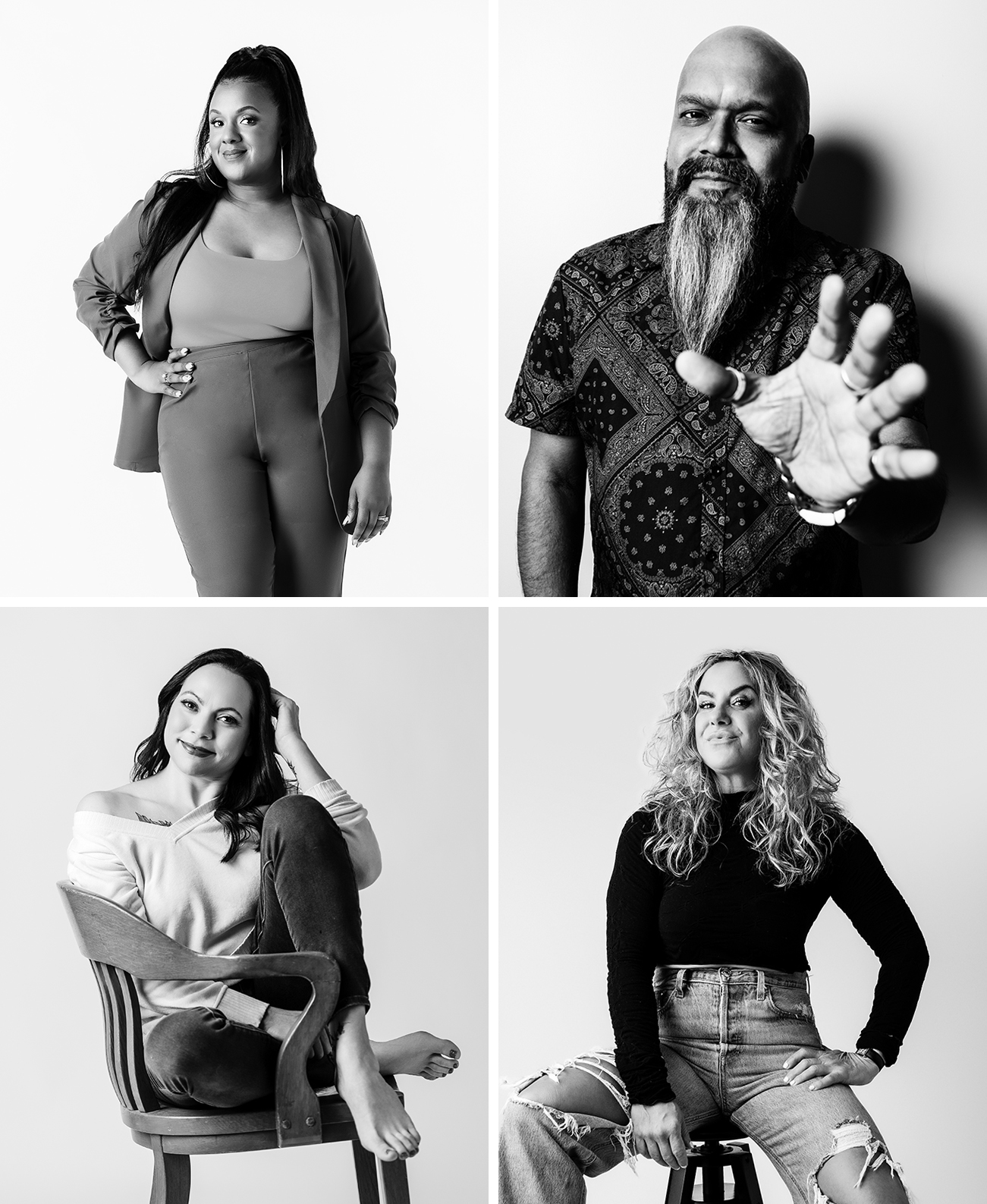 Four people, two women and two men, posing in black and white photos with varied backgrounds.