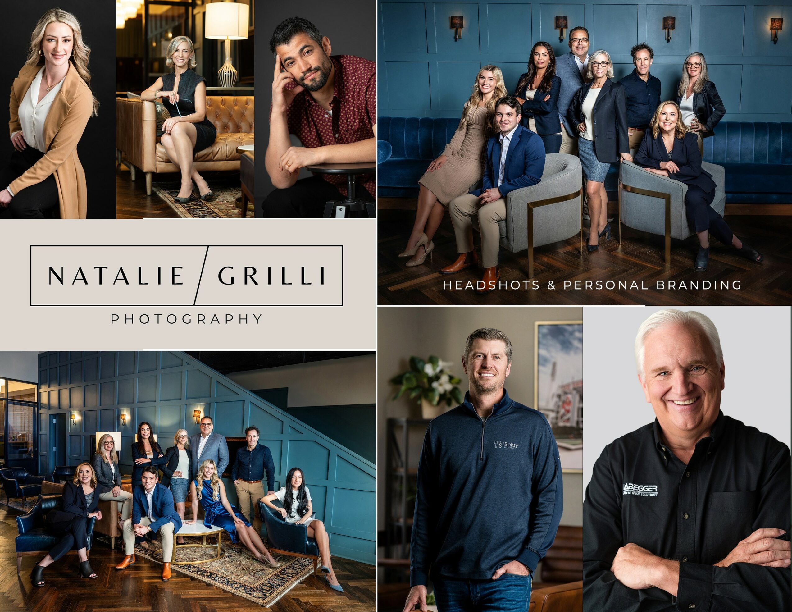Collage of professional portraits including individuals and groups in indoor settings, some seated and some standing, with varied backgrounds.