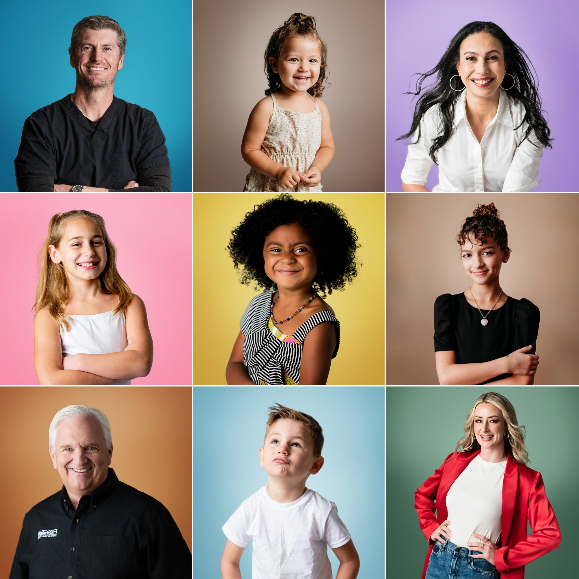 Nine diverse people, including children and adults, smiling against colorful backgrounds.