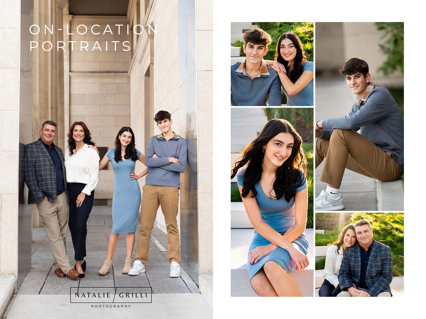 Group of five people standing and sitting outdoors, smiling, in casual clothing, with trees and architecture in background.