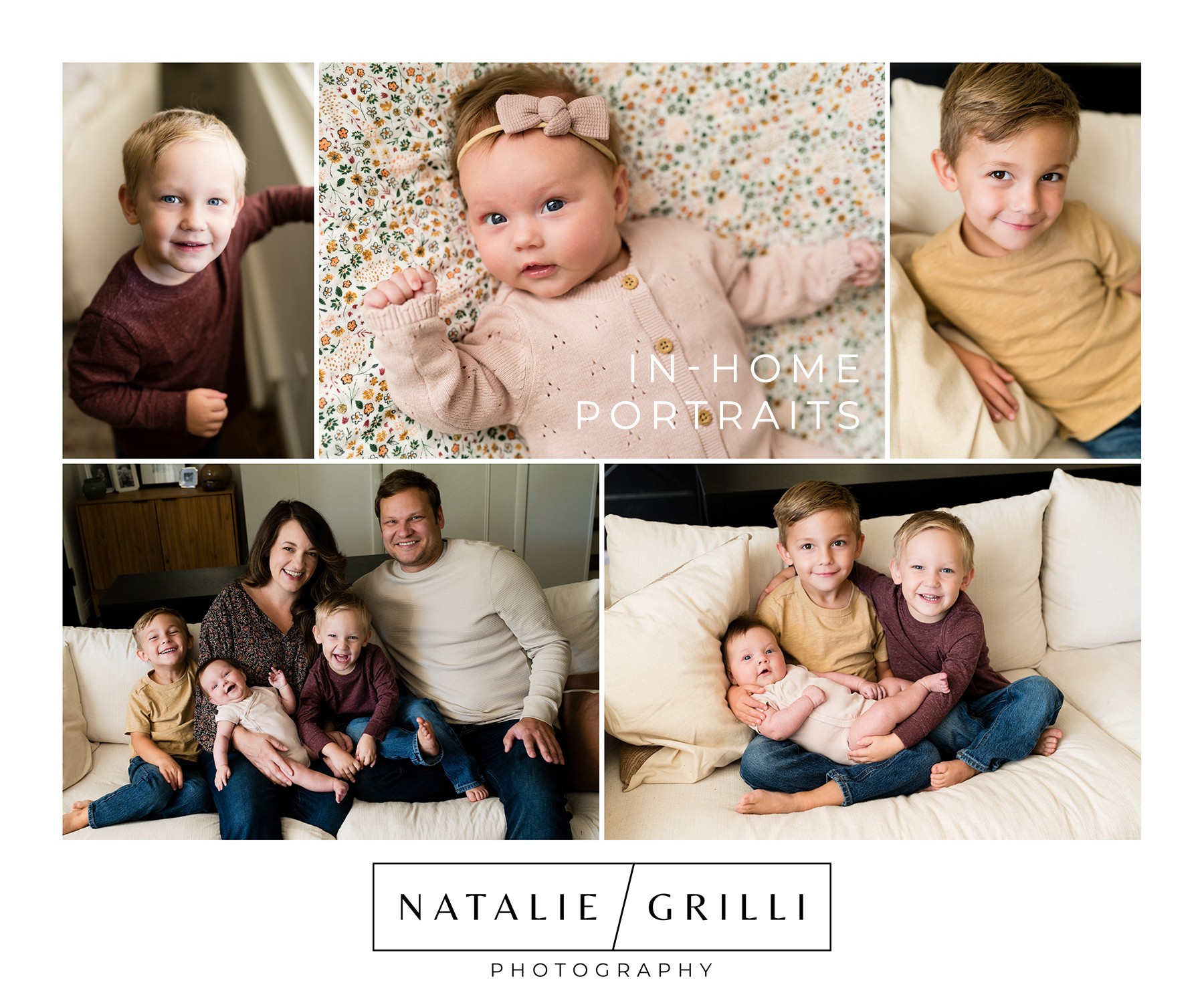 Collage of five children and family members, including babies and a group sitting on a couch.