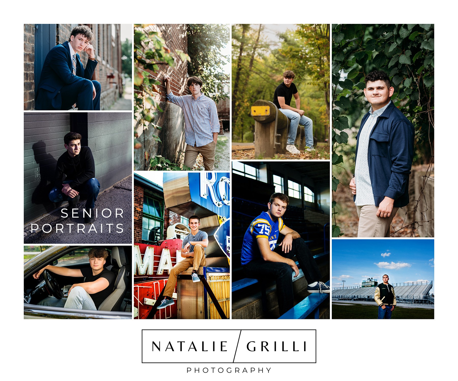 Collage of nine senior portraits featuring young men in various outdoor and indoor settings.