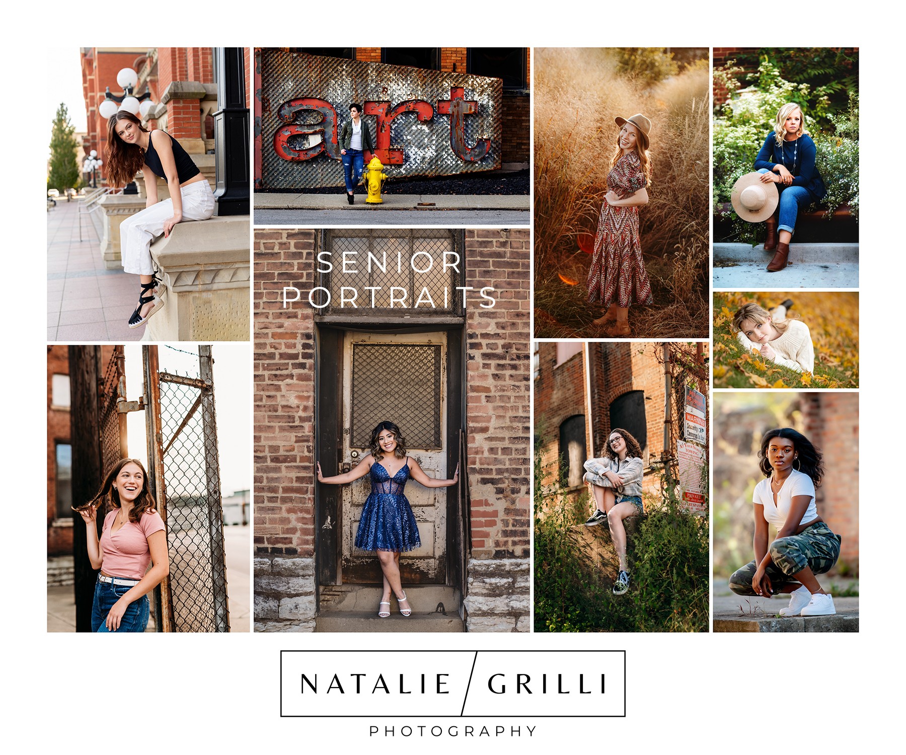 Collage of senior portraits featuring girls in various outdoor and urban settings, some posing alone, some sitting or standing.