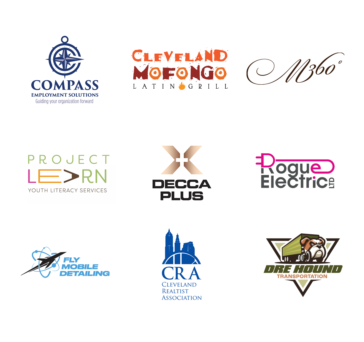 Collection of nine logos for various organizations and businesses, including Compass Employment Solutions, Cleveland Mofongo, and Decca Plus.