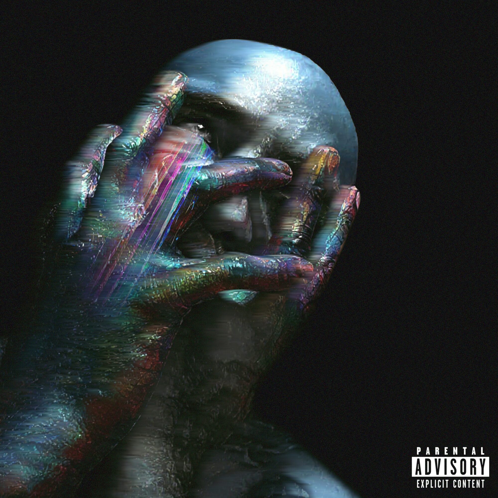 A hand covers a face with a globe as the head, with colorful paint-like streaks on the hand and face, dark background.