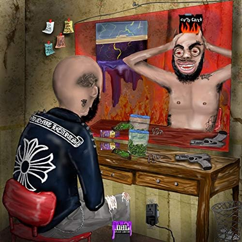 A person with a bald head and a black jacket sits in front of a mirror, which reflects a clown with a fiery hat and a manic expression. The room has a worn wall, small pictures, and a wooden table with tools and objects.