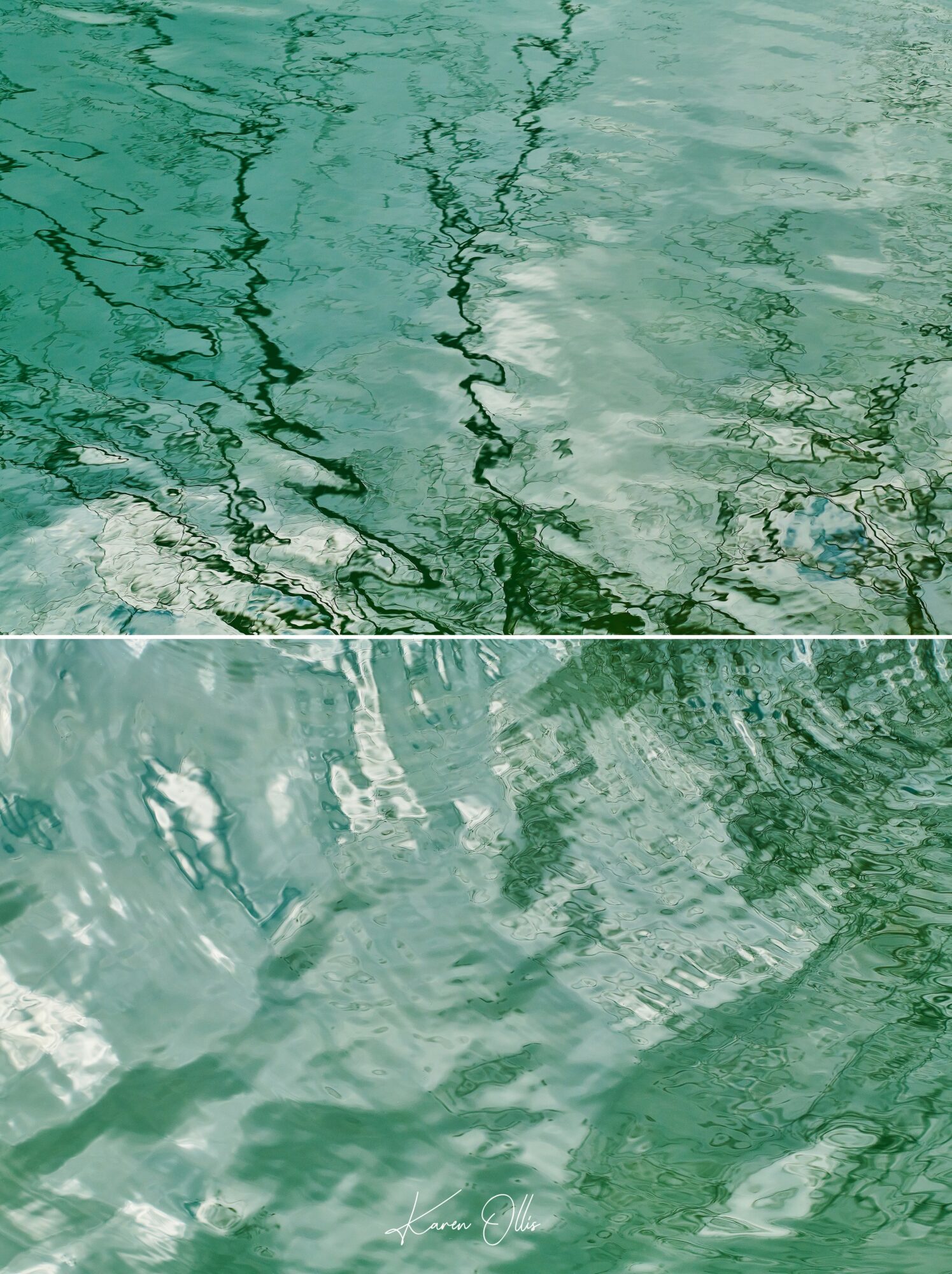Reflections on water with ripples and wavy patterns, in shades of green and blue, creating abstract textures.