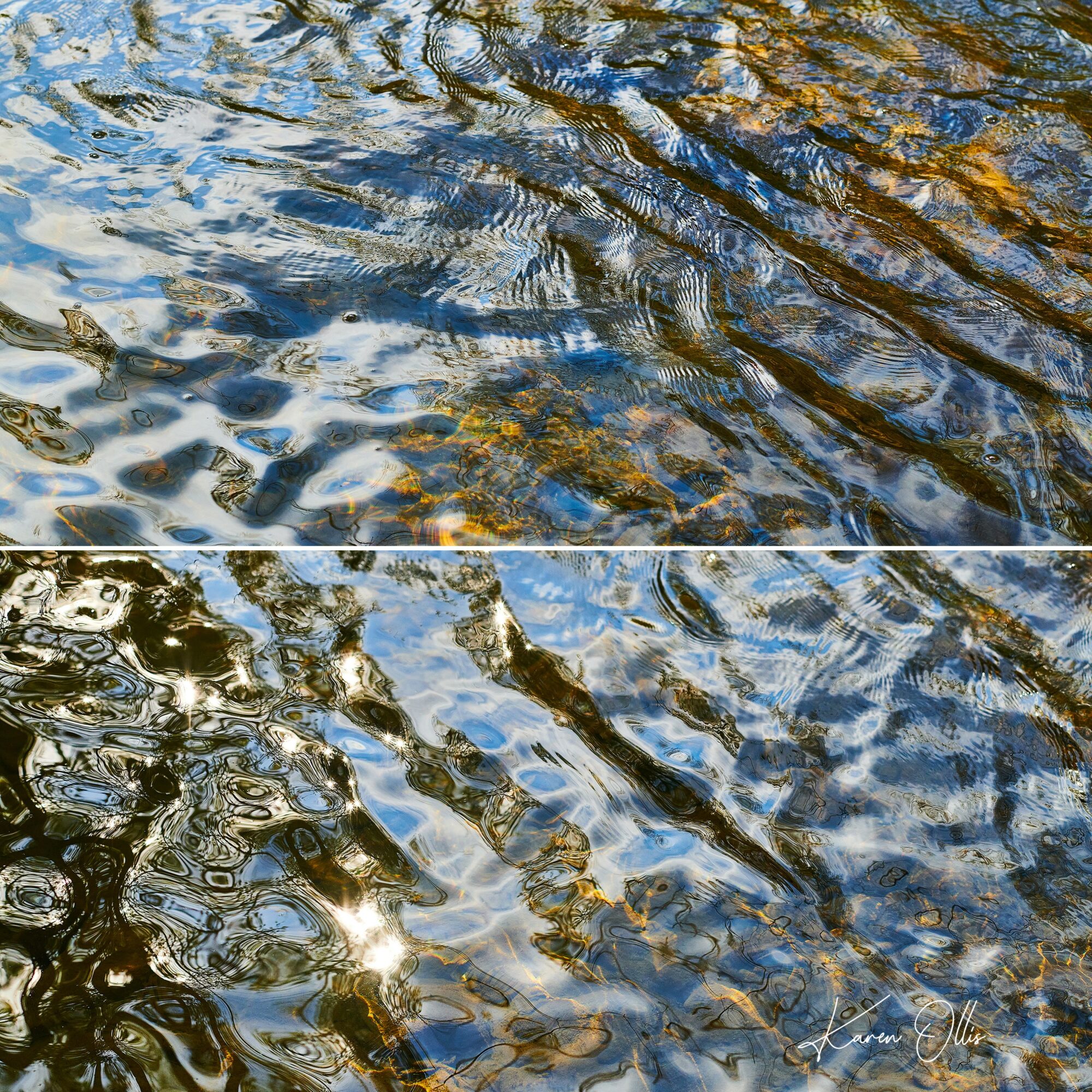 Close-up of water with ripples and reflections, showing sunlight and rocks beneath the surface.