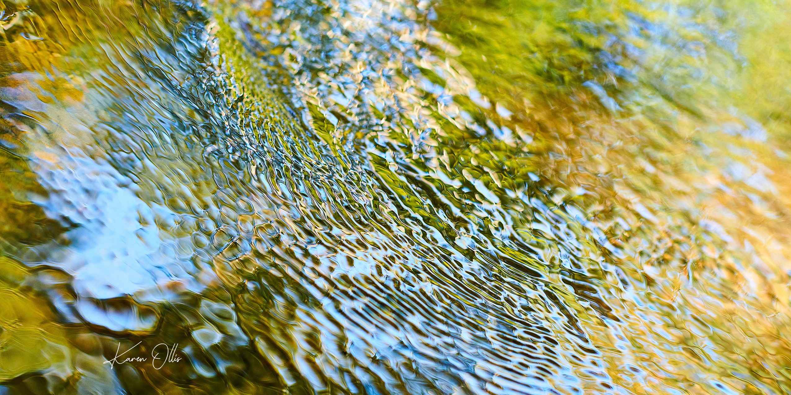 Water surface with ripples and reflections of trees and sky, seen from an angle.