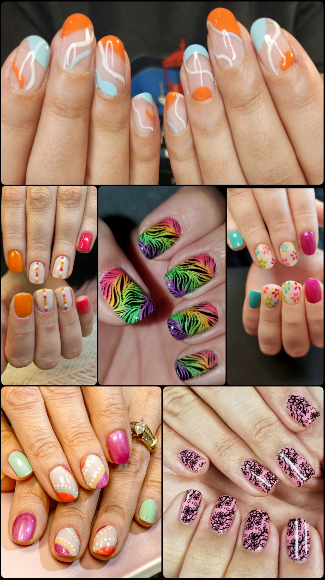 Close-up of various colorful and decorated fingernails with different nail art designs, including abstract, floral, and glitter patterns.