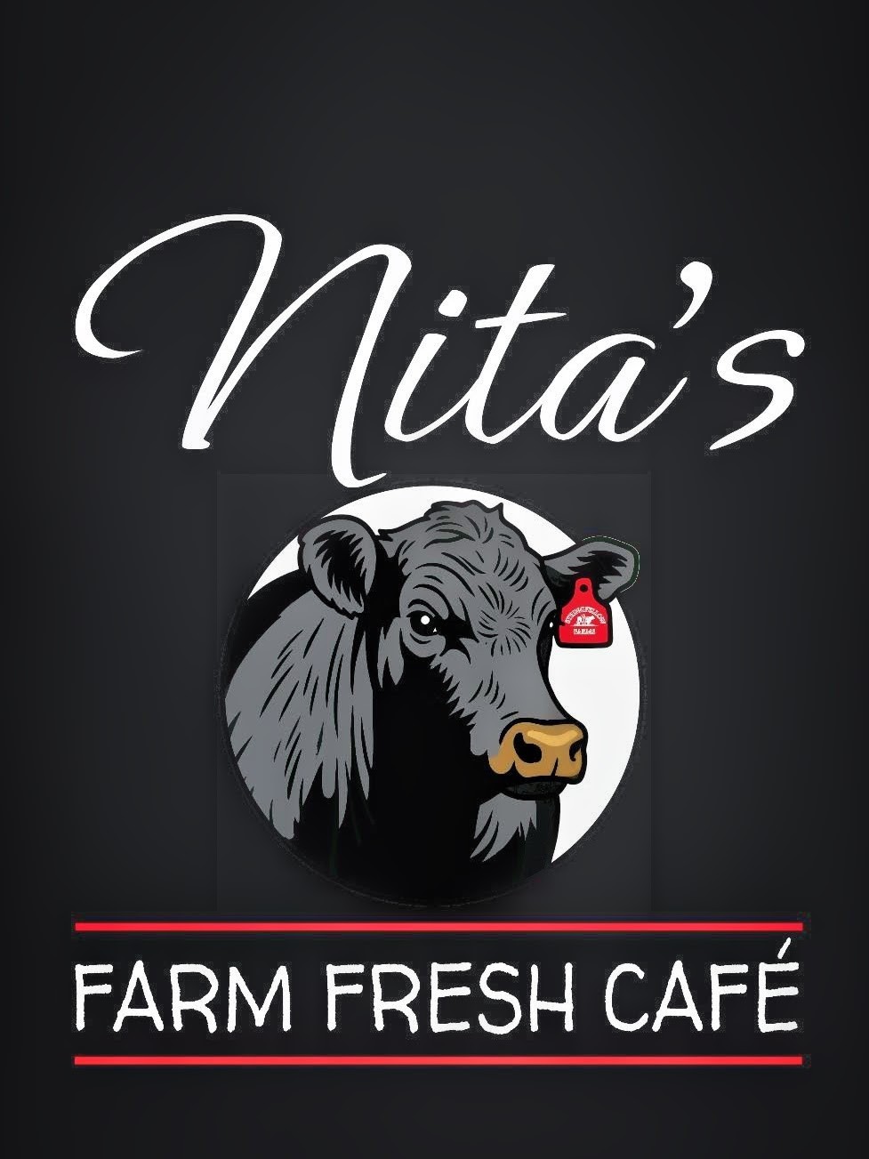 Logo with a cow's face, text 'Nita's' above, and 'FARM FRESH CAFÉ' below, on a dark background.