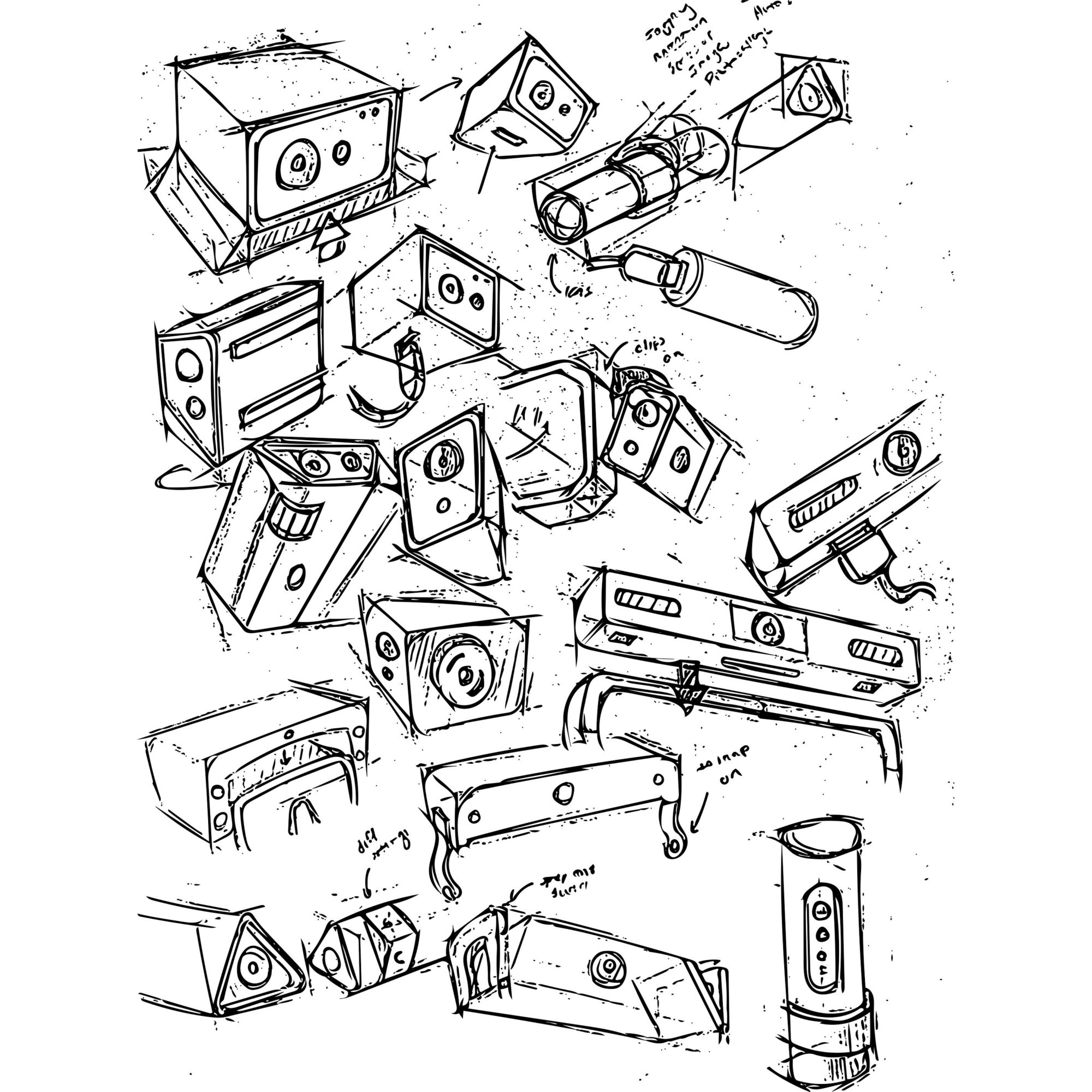 Sketch of various speaker and audio equipment designs, including speakers, soundbars, and cylindrical devices, drawn in black ink on paper.