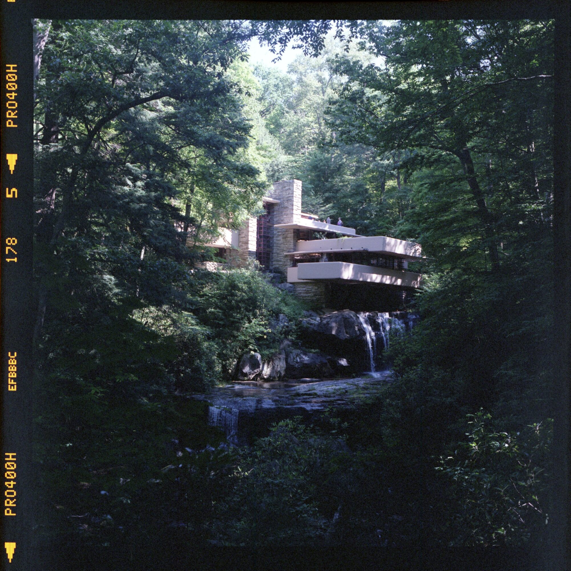 Modern building with multiple levels surrounded by dense green trees and a small waterfall in a forest setting.