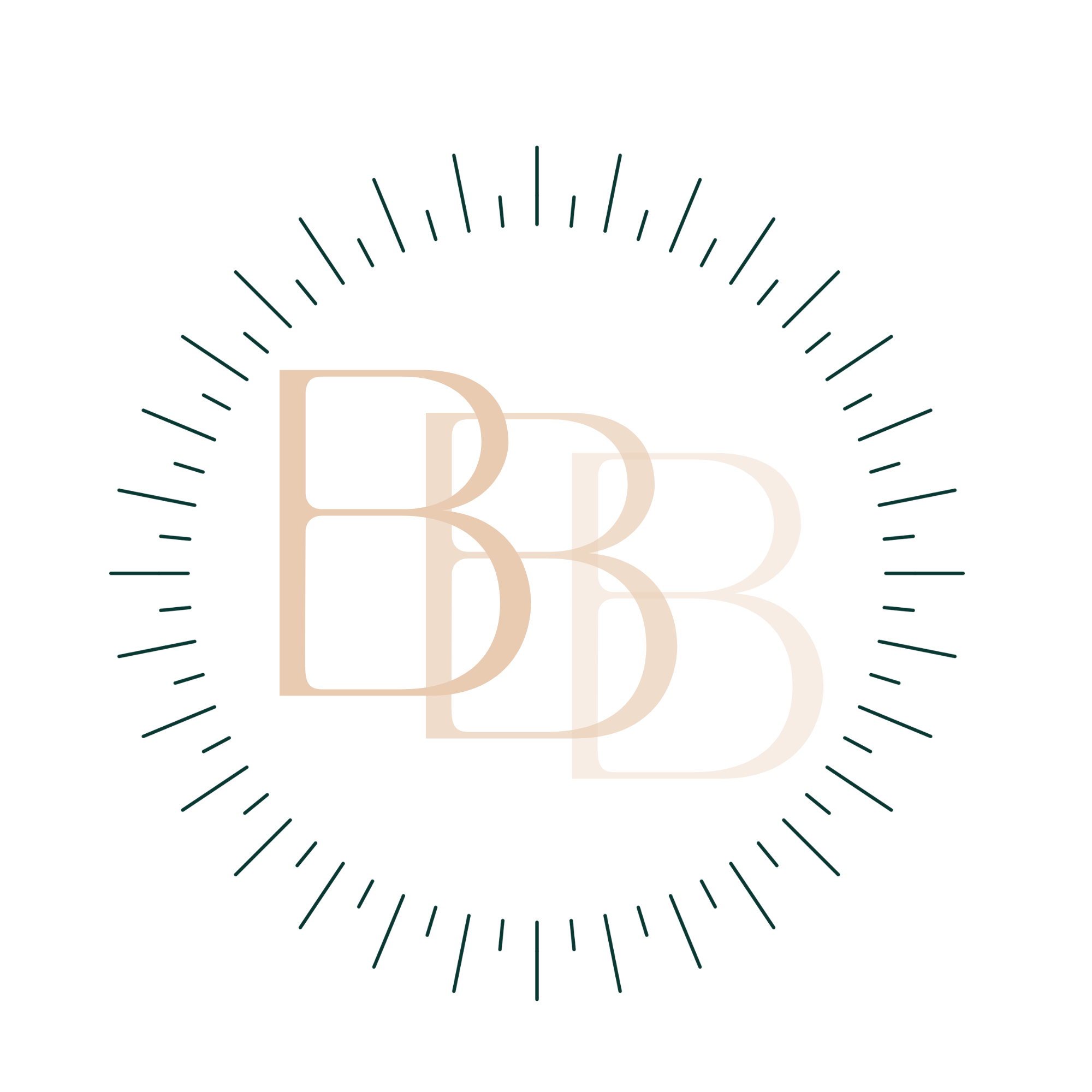 Logo with overlapping beige letters 'B' and 'B' inside a circle of black tick marks on a white background.