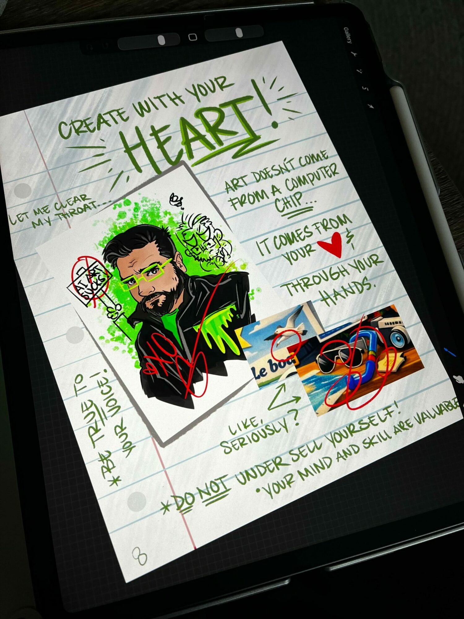 Drawing of a person with long hair and sunglasses, surrounded by colorful text and doodles on a notebook page.