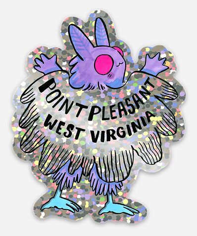 Colorful cartoon bird with a pink beak and purple feathers, standing on two legs with a banner reading 'Point Pleasant West Virginia'.