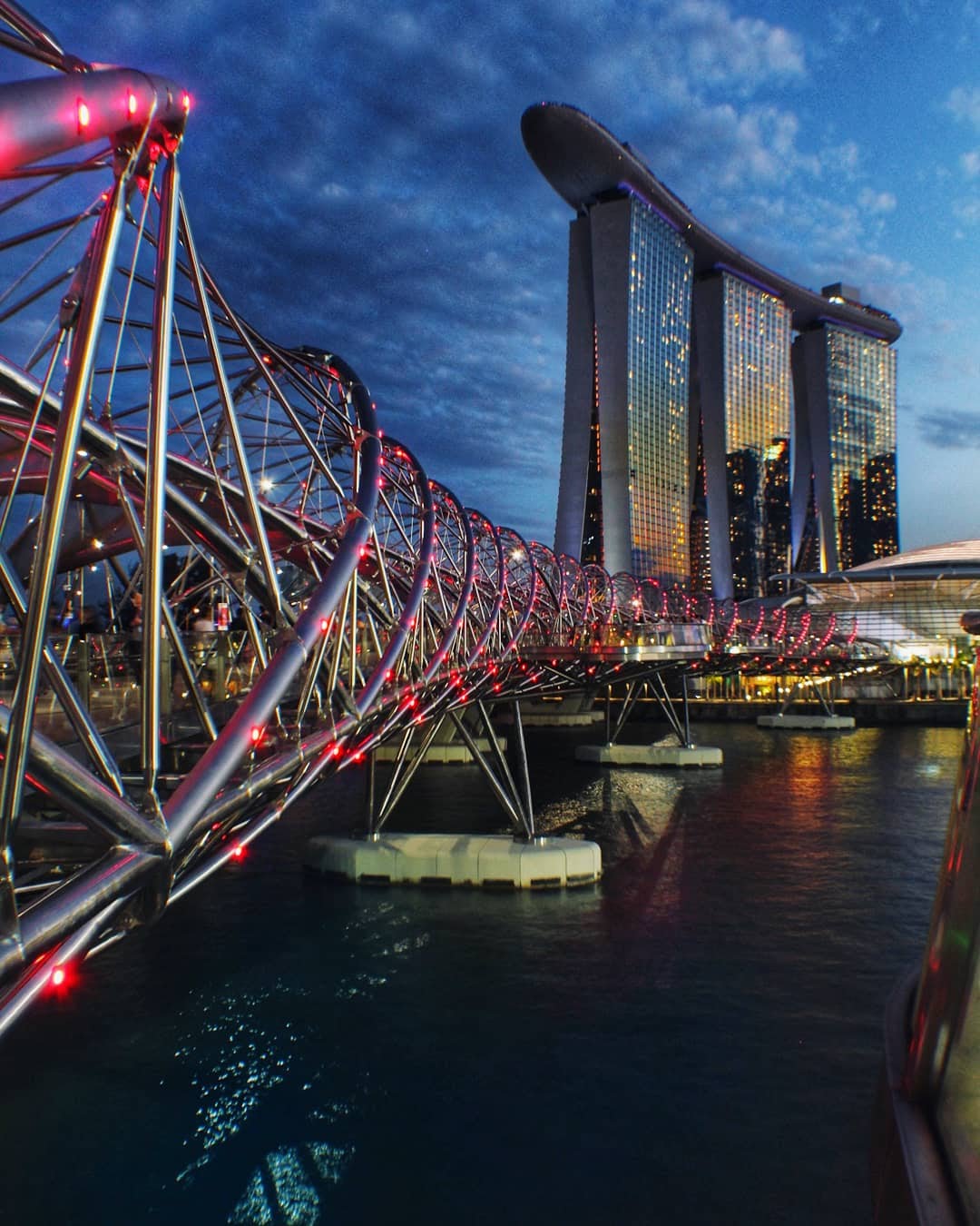 Nighttime view of a city skyline with illuminated buildings and a lit-up observation wheel over water.