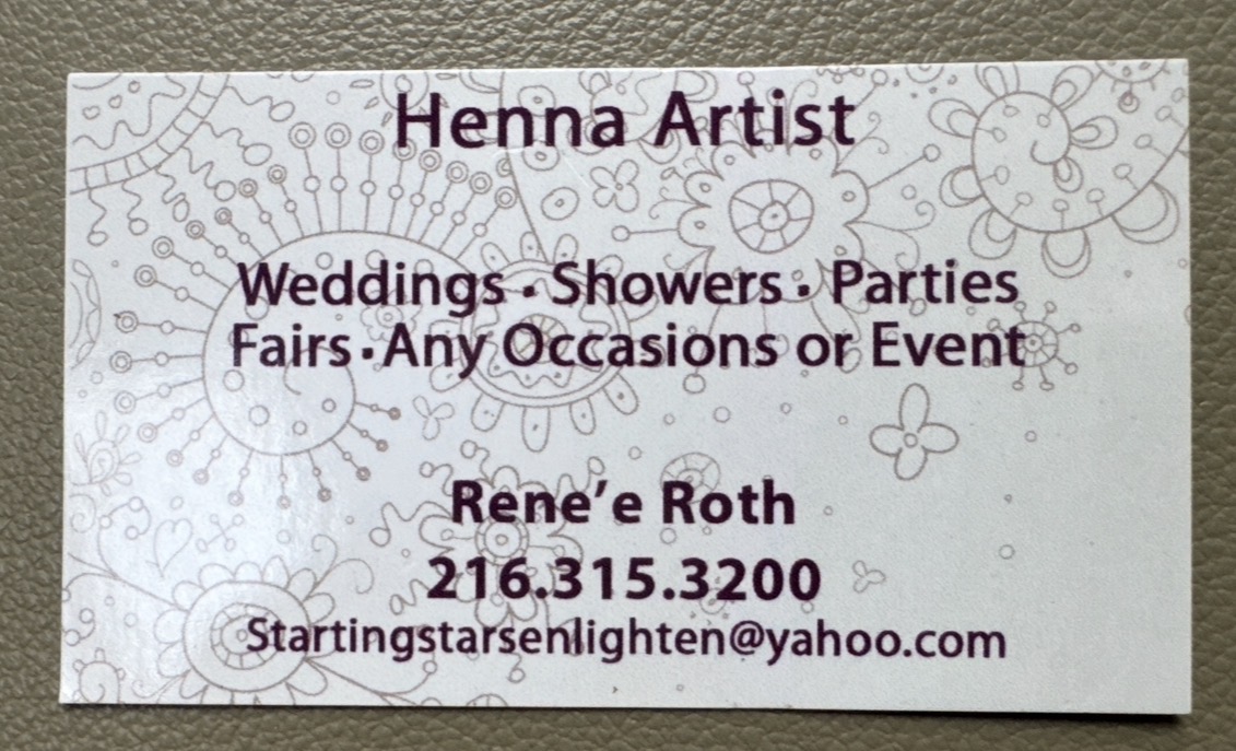 Business card for Henna Artist offering wedding, shower, party, fair, and event services, with contact details and email.