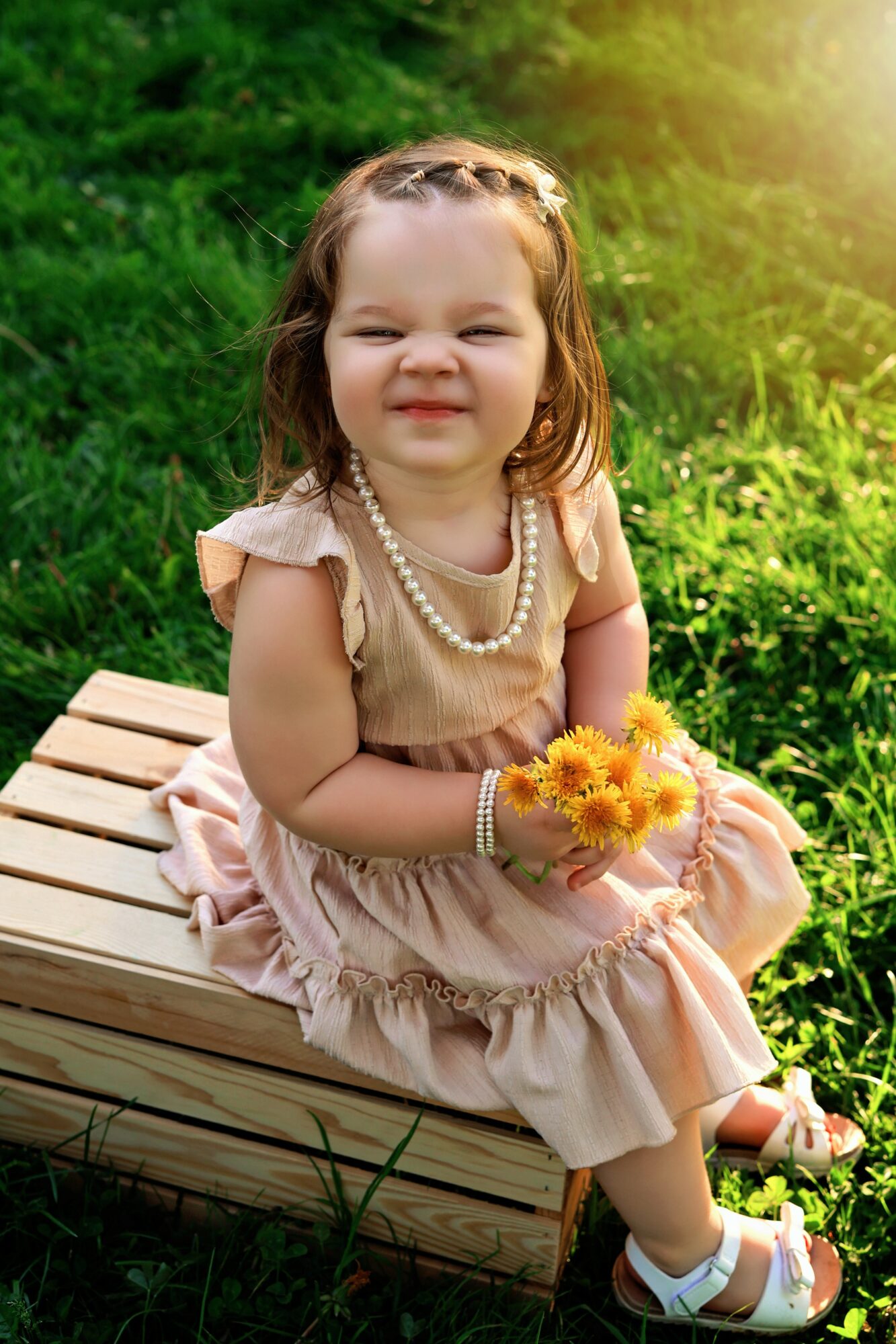 Young girl sitting on a wooden bench outdoors, holding yellow flowers, wearing a beige dress and pearl jewelry.
