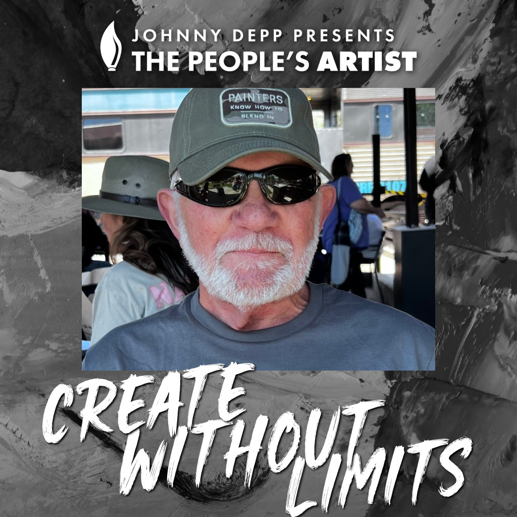 Man with sunglasses and cap, promotional poster for Johnny Depp's art event, text reads 'Create Without Limits'.