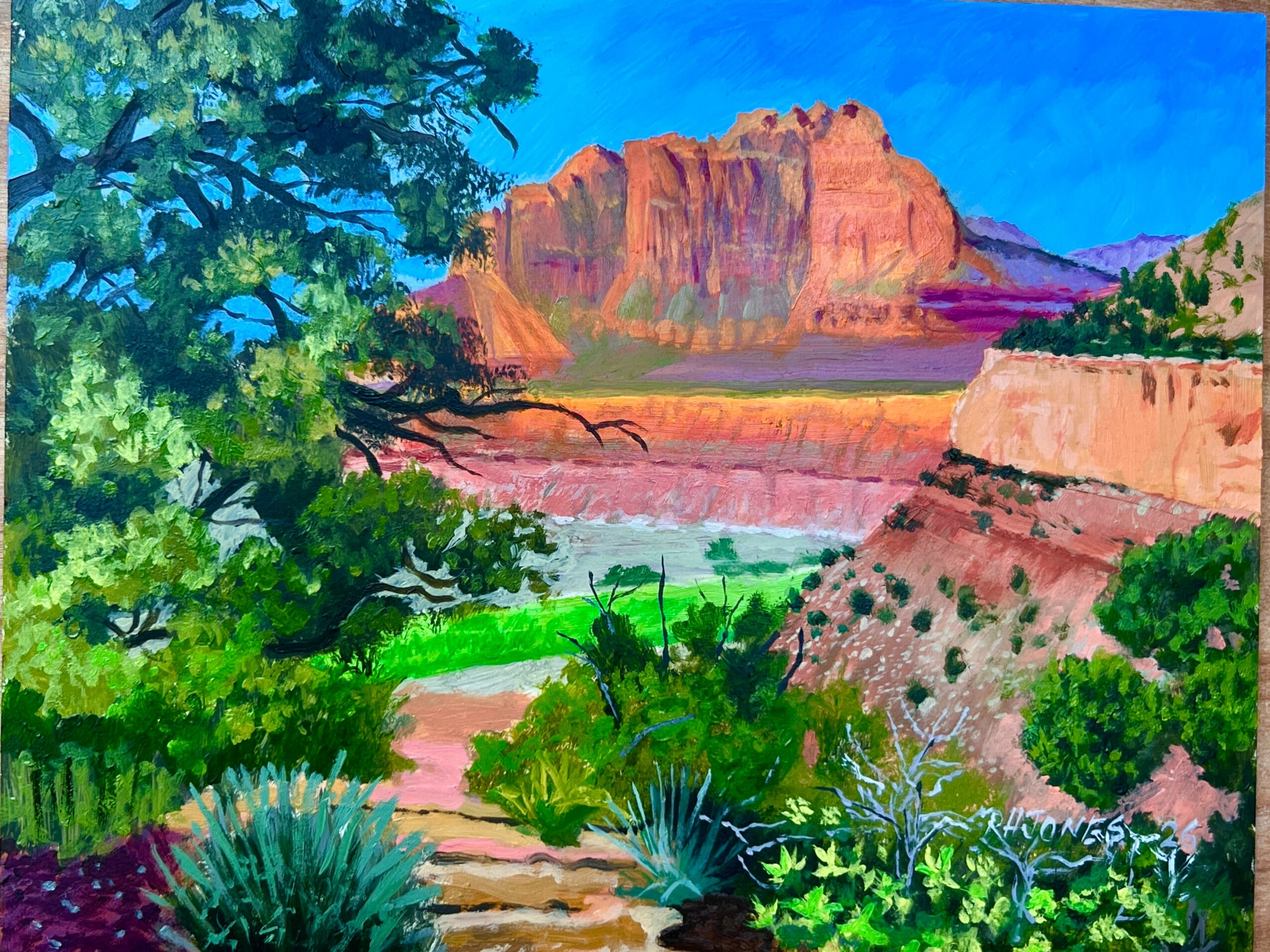 Landscape with red rock formations, green trees, and a blue sky, viewed through a foreground of lush vegetation.
