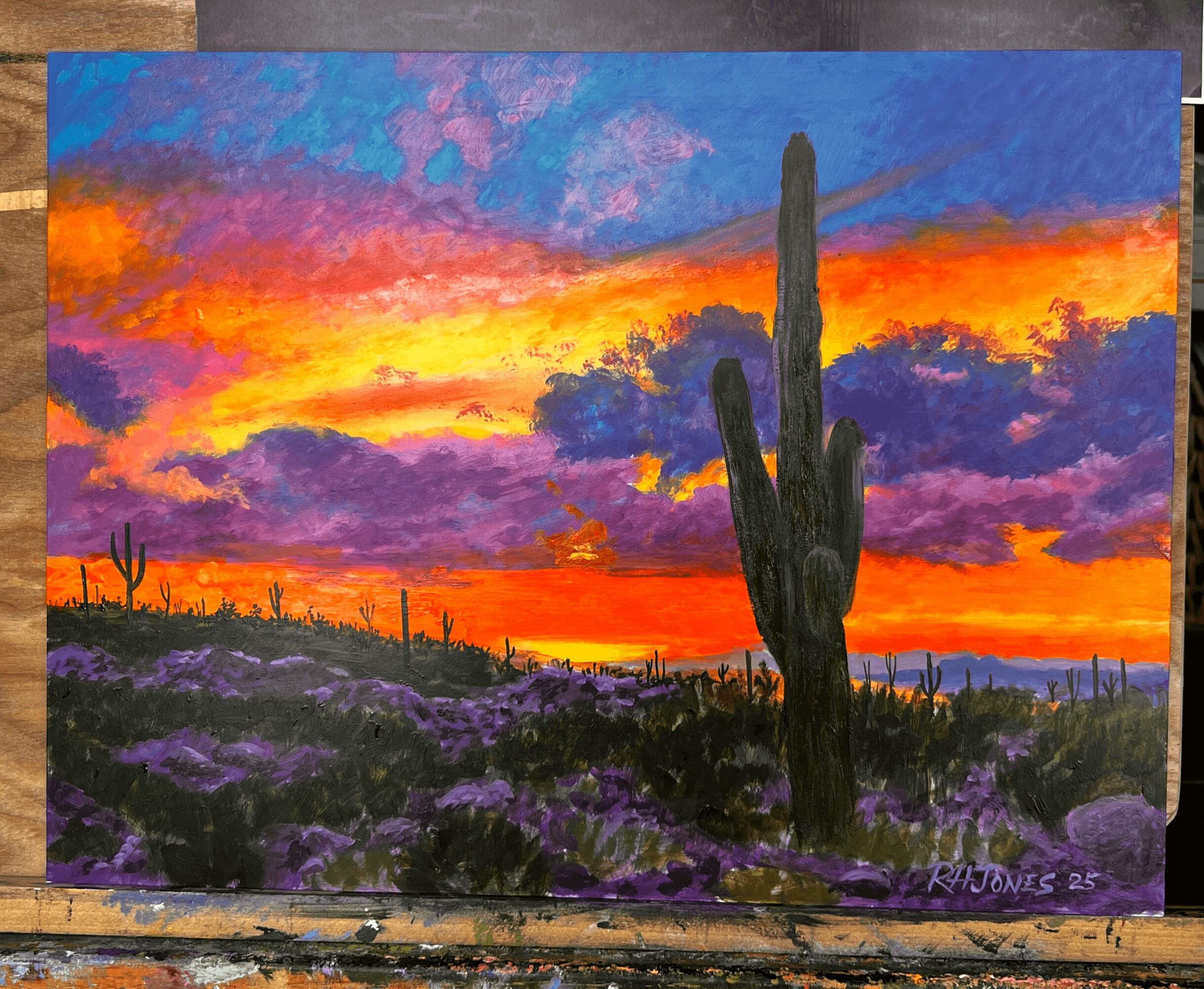 Desert landscape with a tall cactus, purple flowers, and a vibrant sunset sky with orange, yellow, purple, and blue hues.