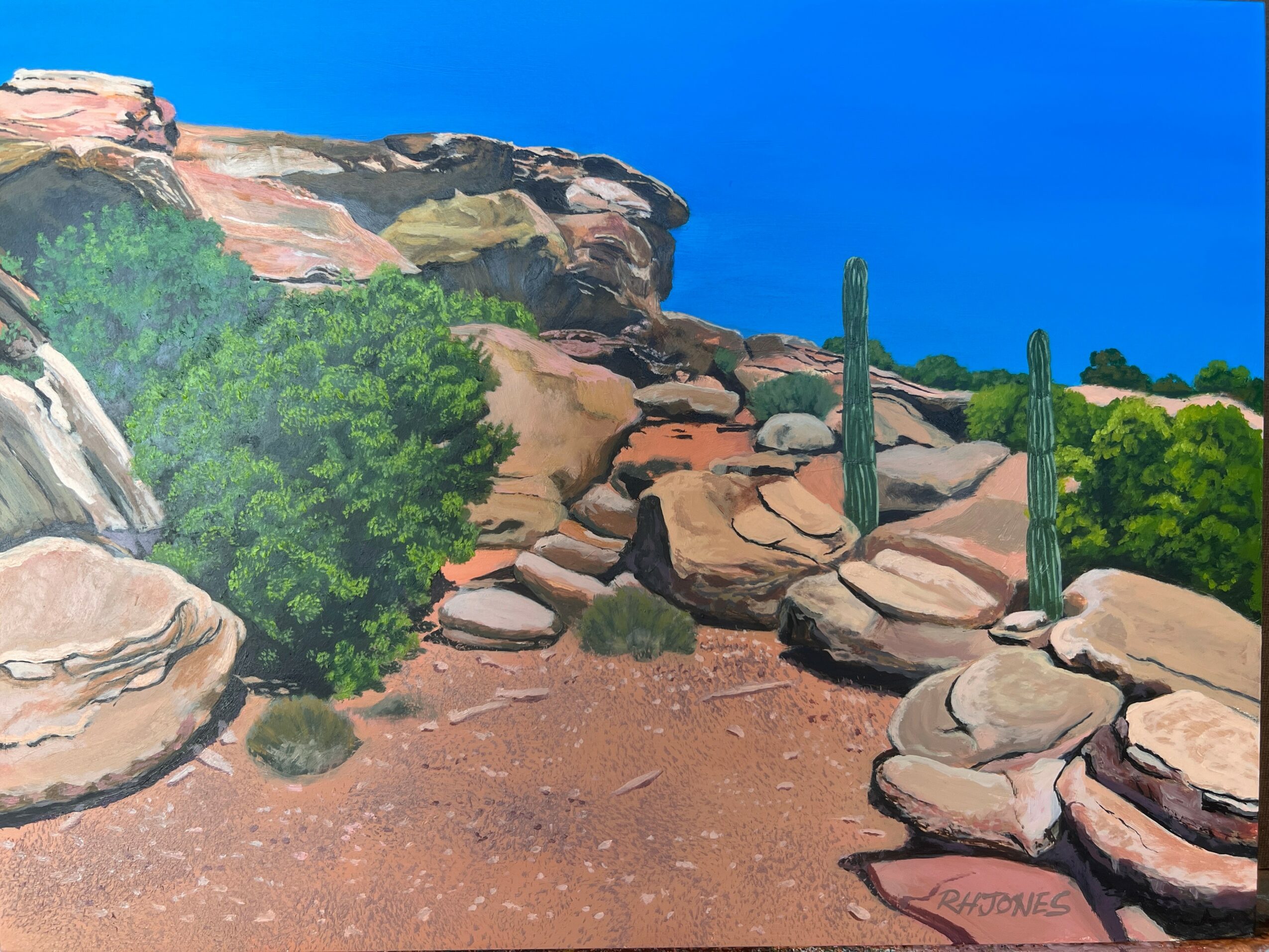 Desert landscape with rocks, green bushes, and cacti under a clear blue sky.