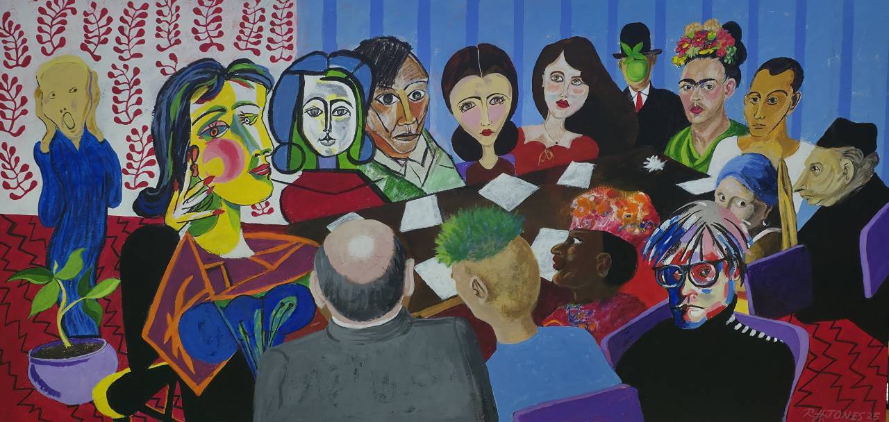 Group of people gathered around a table in a colorful room, some with painted faces and vibrant clothing.