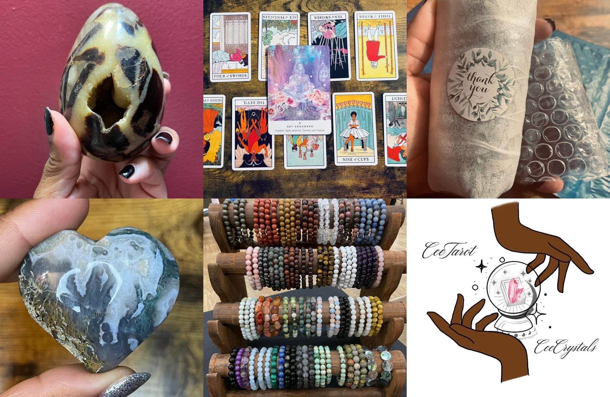 Collection of various objects including a decorated egg, tarot cards, a stone, a heart-shaped item, bracelets, and a jewelry illustration.