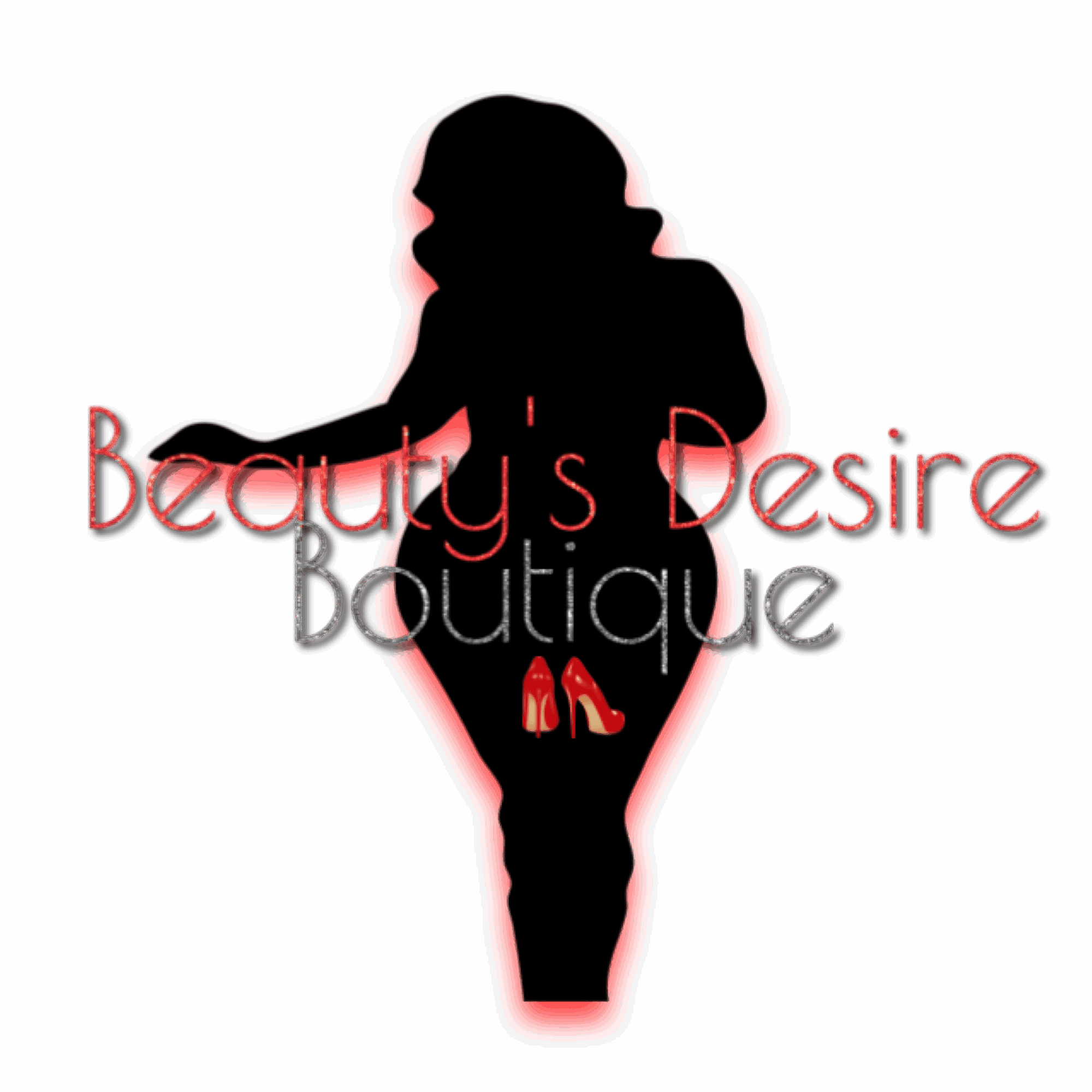 Silhouette of a woman with red high heels, text reads 'Beauty's Desire Boutique', dark background.