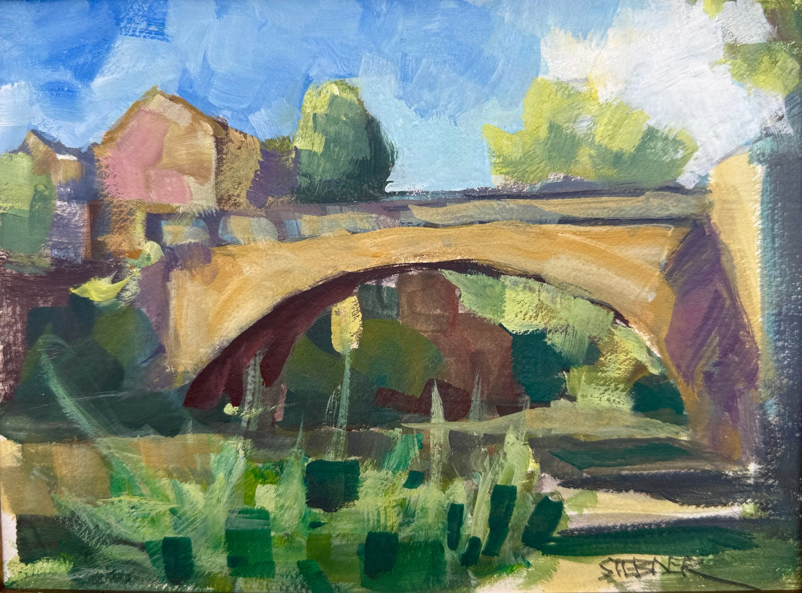 Bridge over a river with trees and sky in the background, painted in an impressionistic style.