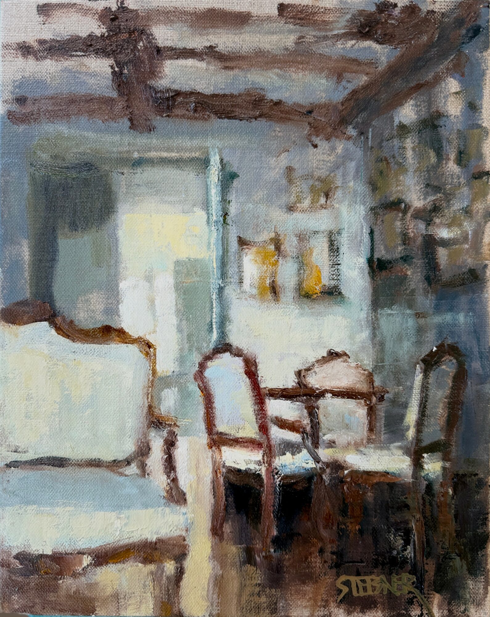 Interior scene with chairs and a table, painted in an impressionistic style, with a window and ceiling beams visible.